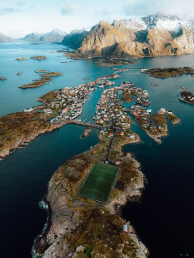 Aerial View of the Henningsvaer Stadium on Lofoten Islands in Norway